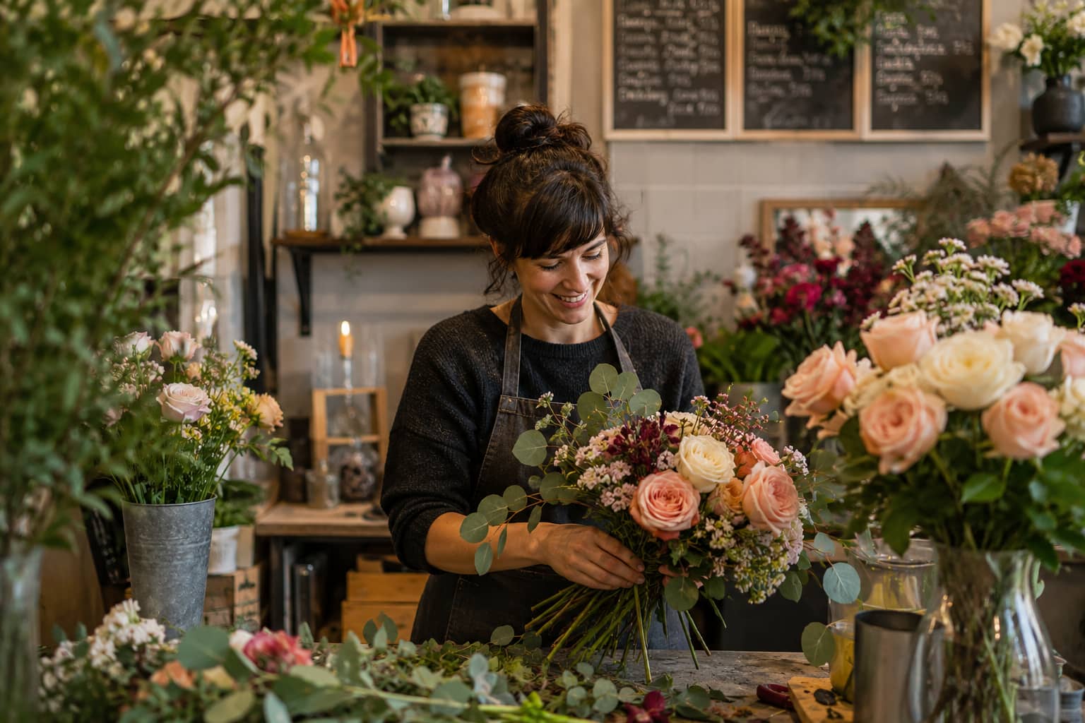 Florist arranging fresh flowers in their studio